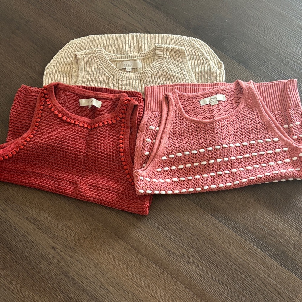 LOFT Set of Three Knit sleeveless Sweater tanks.  Red, Pink, and Cream.